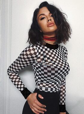 T-shirt sexy see-through mesh long sleeve women 透视网纱长袖