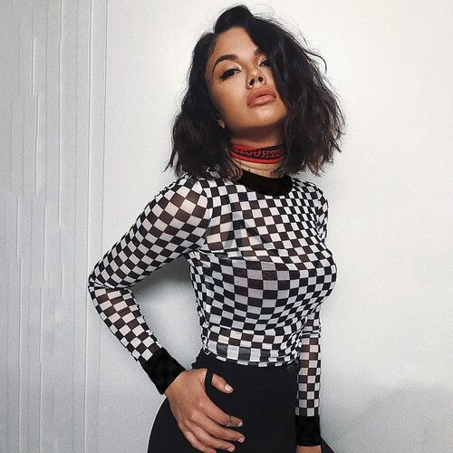 T-shirt sexy see-through mesh long sleeve women 透视网纱长袖