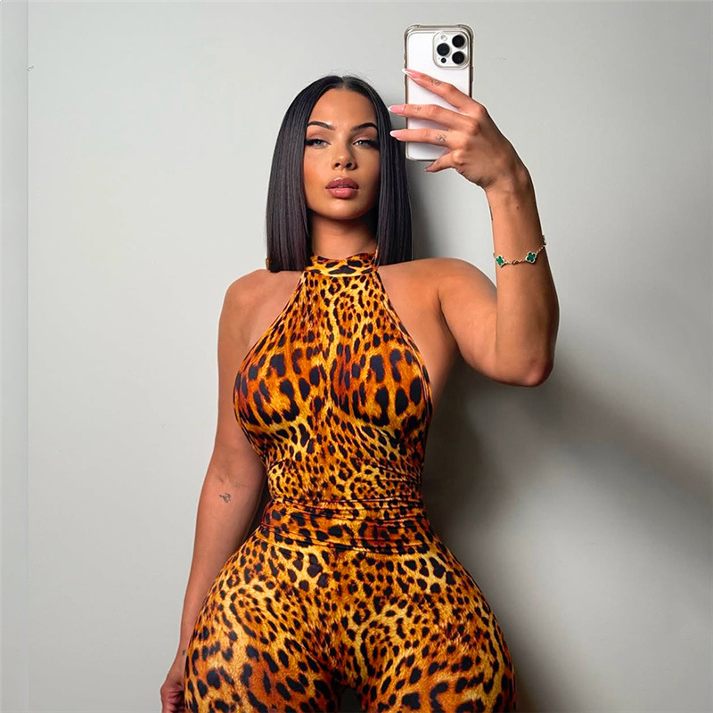 绑带豹纹提臀紧身连体裤女