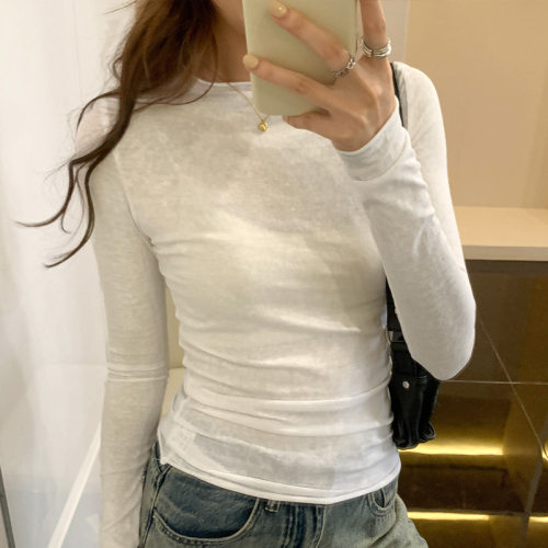 纯色百搭长袖t恤女秋季2024新款修身显瘦打底衫圆领薄款叠穿上衣