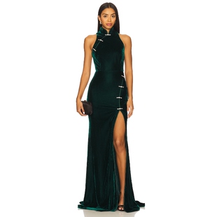 长裙REVOLVE 墨绿色丝绒挂脖连衣裙高开叉无袖 SAU LEE新中式