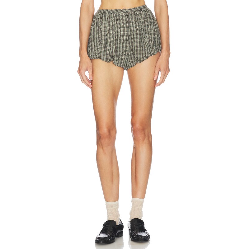 [早秋新品]Helsa军绿色休闲裤格纹松紧腰复古修身裤装REVOLVE
