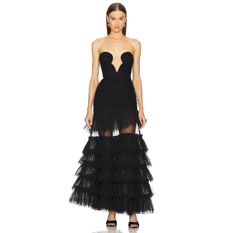 [早秋新品]Michael Costello 薄纱抹胸连衣裙黑色长裙REVOLVE