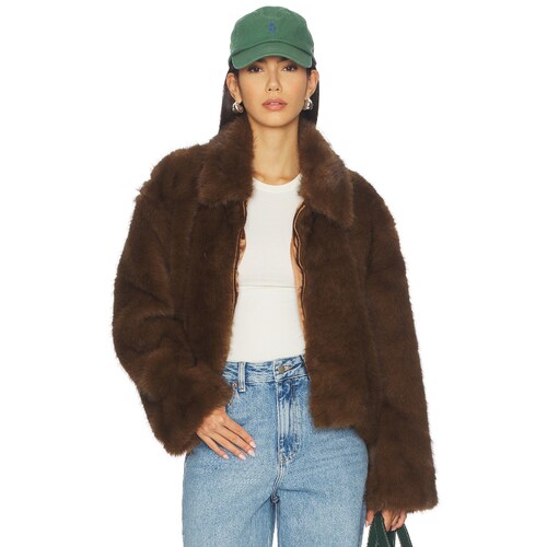 [秋冬新品]Bardot 环保皮草夹克巧克力色老钱风外套REVOLVE小众