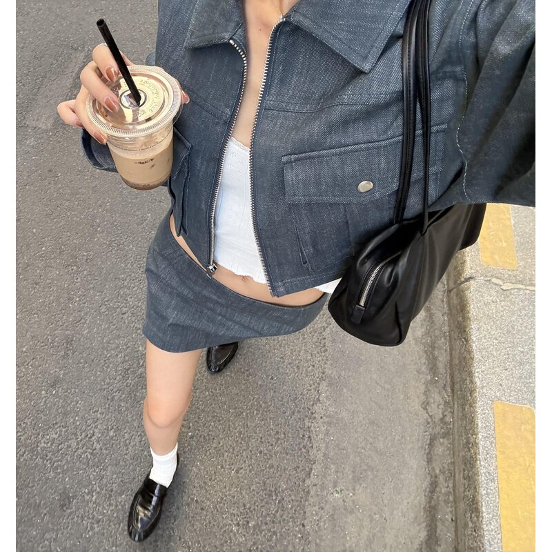 yigenana同款REVOLVE蓝灰色休闲牛仔套装宽松短外套修身半裙秋冬