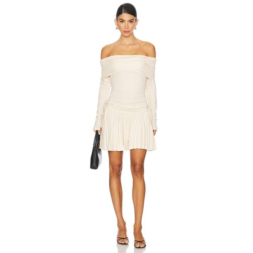 LIONESS 连衣裙奶油色露肩设计修身针织褶饰短裙REVOLVE小众新款