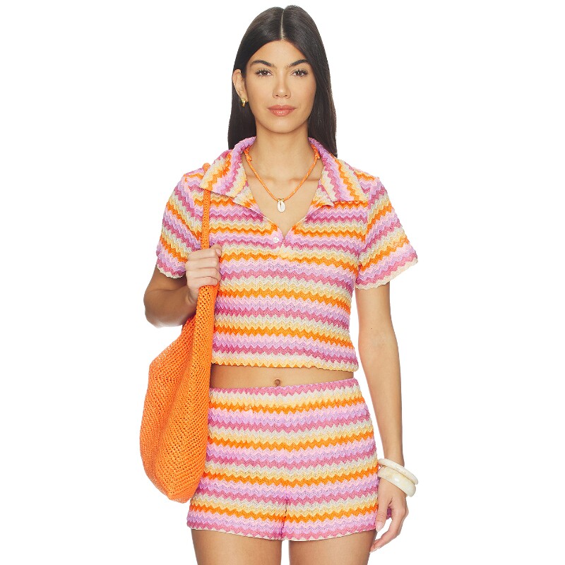 [早秋新品]Lovers and Friends橙色T恤条纹翻领甜美上装REVOLVE