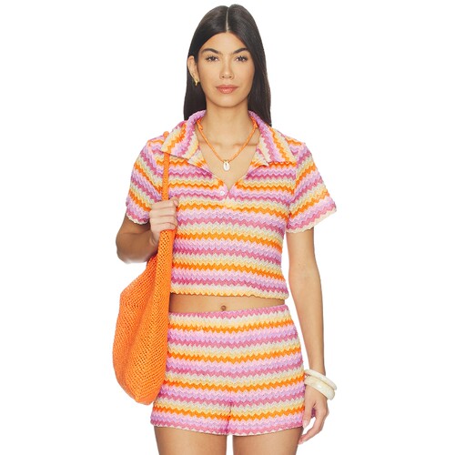 [夏季新品]Lovers and Friends橙色T恤条纹翻领甜美上装REVOLVE