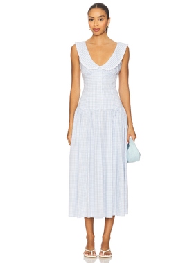 橙汁橙同款LPA 裙子 法式蓝色格纹蕾丝饰边收腰显瘦连衣裙REVOLVE