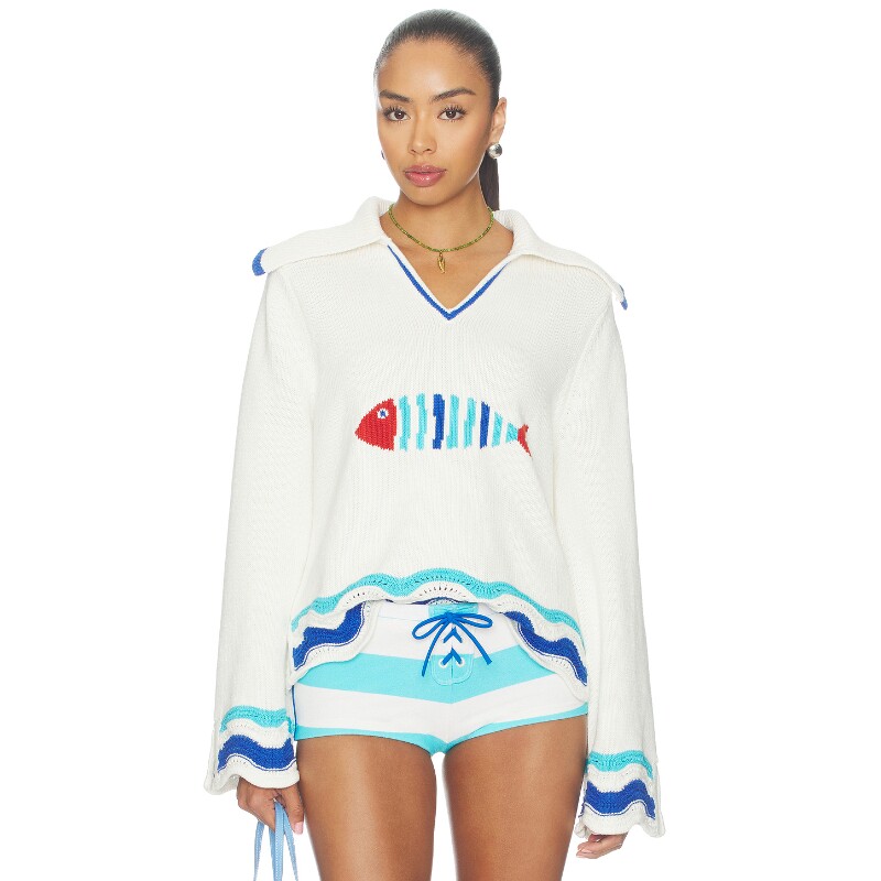 Solid & Striped白色上衣印花翻领甜美风早秋新品毛衣REVOLVE