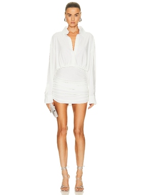 Norma Kamali 法式气质衬衫连衣裙白色长袖收腰短裙设计感REVOLVE
