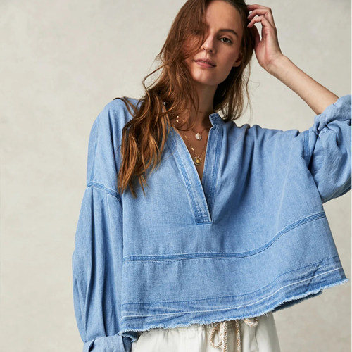 Free People 深V领牛仔上衣宽松休闲辣妹风上衣REVOLVE新款