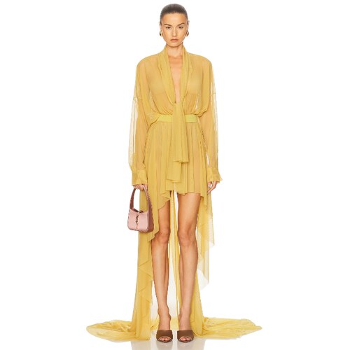 Norma Kamali 诺玛 卡玛丽 深黄色薄纱拖地长裙REVOLVE小众新款