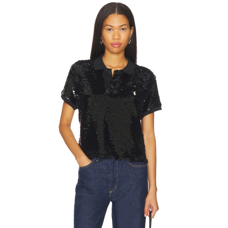 Polo Ralph Lauren Sequined Mesh Crop Polo Shirt 黑色 老钱风R