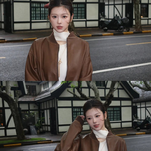 整整吃了一天同款superdow棕色美式复古风皮衣外套棒球服REVOLVE