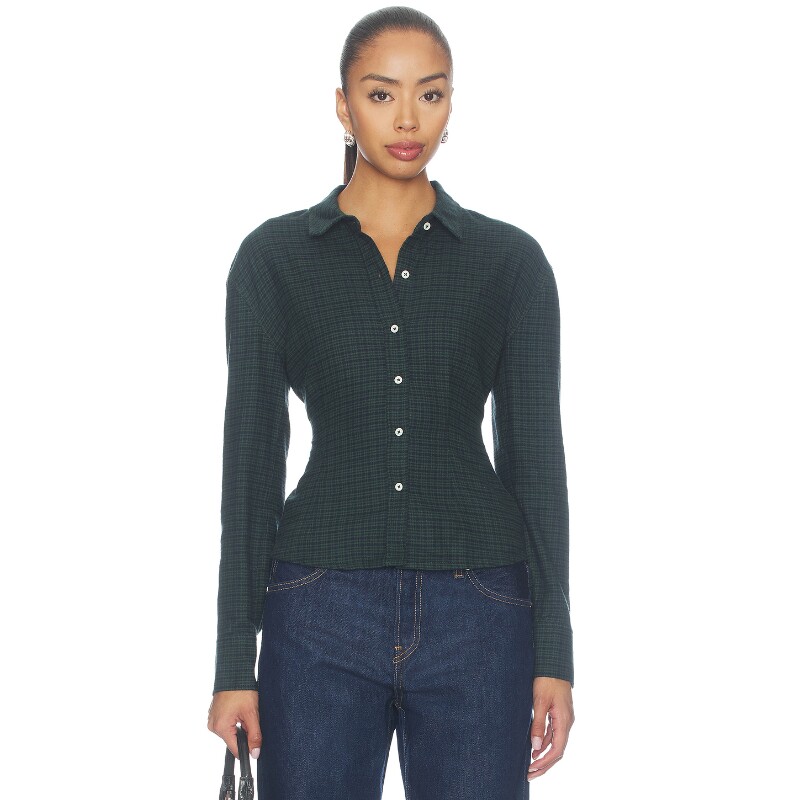 EB Denim深绿色上衣格纹翻领通勤风秋冬新品衬衫REVOLVE