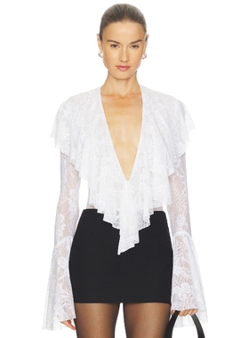 Norma Kamali Long Sleeve Deep V Ruffle Bodysuit 白色REVOLVE