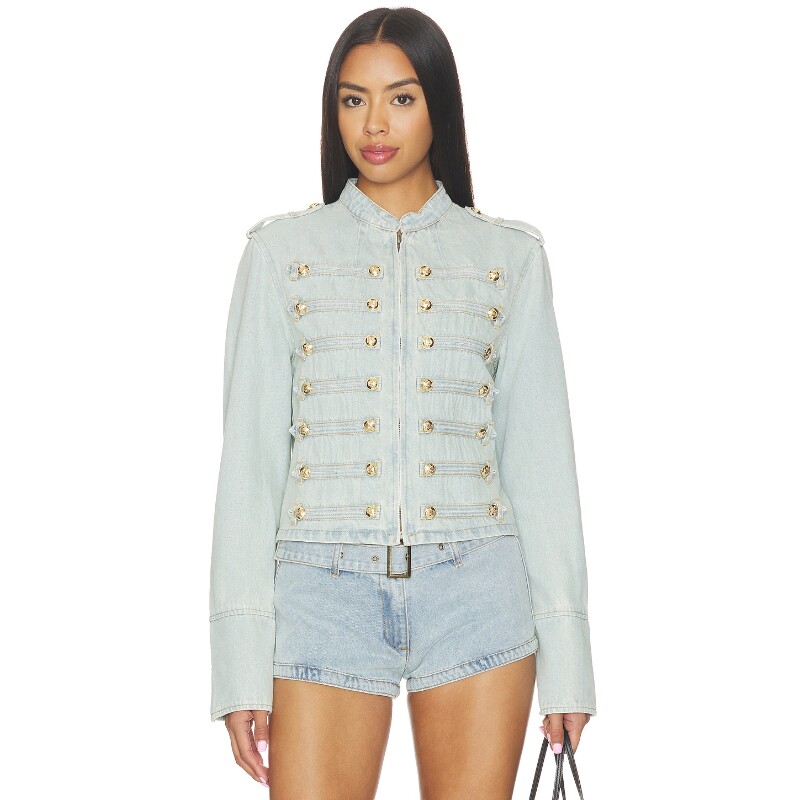 LIONESS浅蓝上衣立领金属扣肩章牛仔拿破仑外套夹克REVOLVE