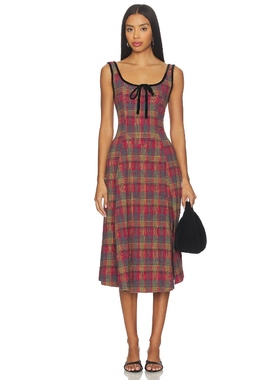 [海外直邮]Free People FREYA 格子中长连衣裙 红色 度假波西米亚