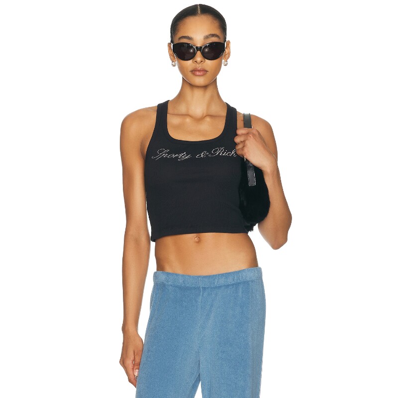 Sporty & Rich黑色上装水钻字母辣妹风新品短款背心REVOLVE