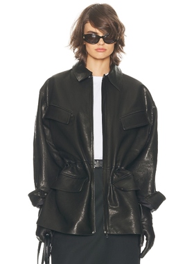 [冬季新品]Helsa 羊羔皮掐褶收身皮衣机车夹克翻领外套REVOLVE