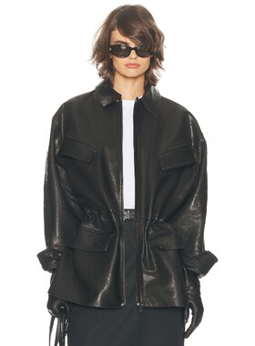 [夏季新品]Helsa 羊羔皮掐褶收身皮衣机车夹克翻领外套REVOLVE