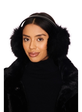 Adrienne Landau THE VEE FAUX FUR 御寒耳罩 黑色REVOLVE小众新