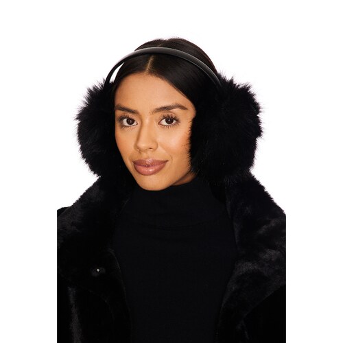 Adrienne Landau THE VEE FAUX FUR 御寒耳罩 黑色REVOLVE小众新