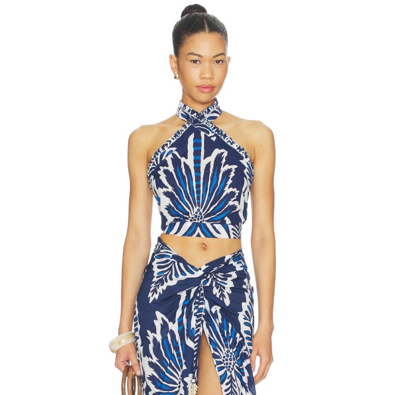 Poupette St Barth蓝色上装印花挂脖度假风吊带新品REVOLVE
