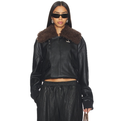 superdown 夹克黑色美式复古翻领收腰修身短外套拼毛REVOLVE