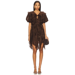 春季 收腰短款 新品 复古风无袖 裙REVOLVE Aje深棕褶皱连衣裙法式