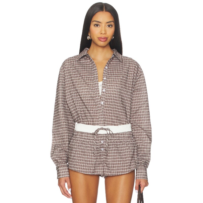 [店铺主推]LIONESS浅底格纹衬衫翻领长款长袖上衣REVOLVE