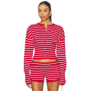 [春节穿搭]LIONESS针织开衫红色条纹短款长袖内搭上衣RE冬季保暖