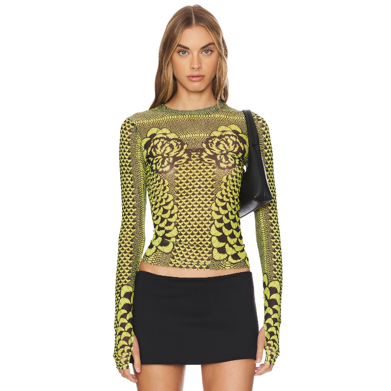 [冬季新品]AFRM 长袖上衣绿色辣妹风轻薄网纱修身性感上装REVOLVE