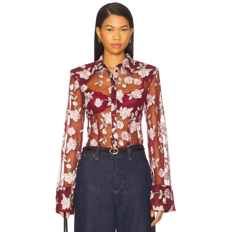 [冬季新品]ROTATE Mesh Fitted Shirt 酒红色REVOLVE小众