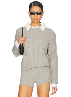 LIONESS绞花针织毛衣圆领宽松叠穿浅灰色老钱风羊毛衫REVOLVE小众