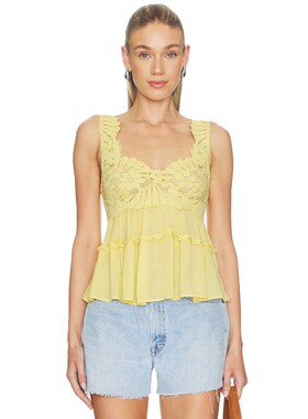 Free People 波西米亚风复古T恤蕾丝花朵拼接露背背心吊带revolve