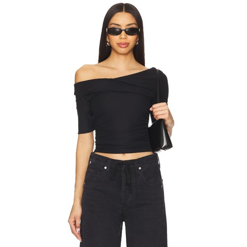 Free People T恤斜肩黑色REVOLVE小众新款褶饰上衣