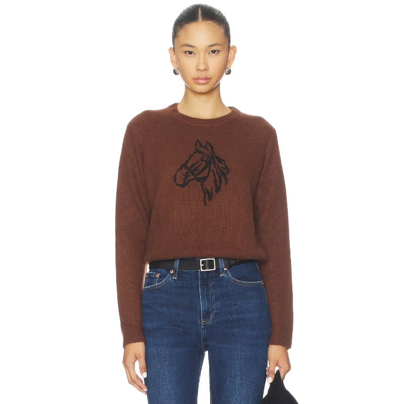 White & Warren 羊绒混纺马刺绣圆领毛衣 棕色REVOLVE小众新款