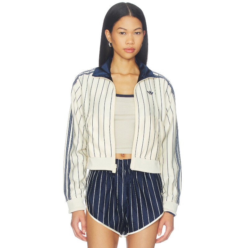 adidas Originals米白拼藏蓝夹克条纹短款复古风保暖外套REVOLVE