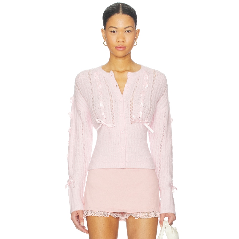 [冬季内搭]MAJORELLE LILYANA针织开衫粉色镂空蝴蝶结上衣REVOLVE