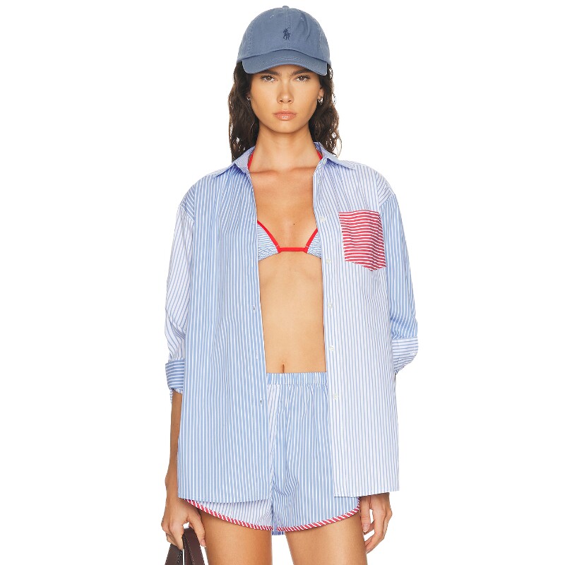 Solid & Striped早秋新品浅蓝上装条纹撞色口袋休闲衬衫REVOLVE