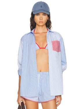 Solid & Striped夏日新品浅蓝上装条纹撞色口袋休闲衬衫REVOLVE