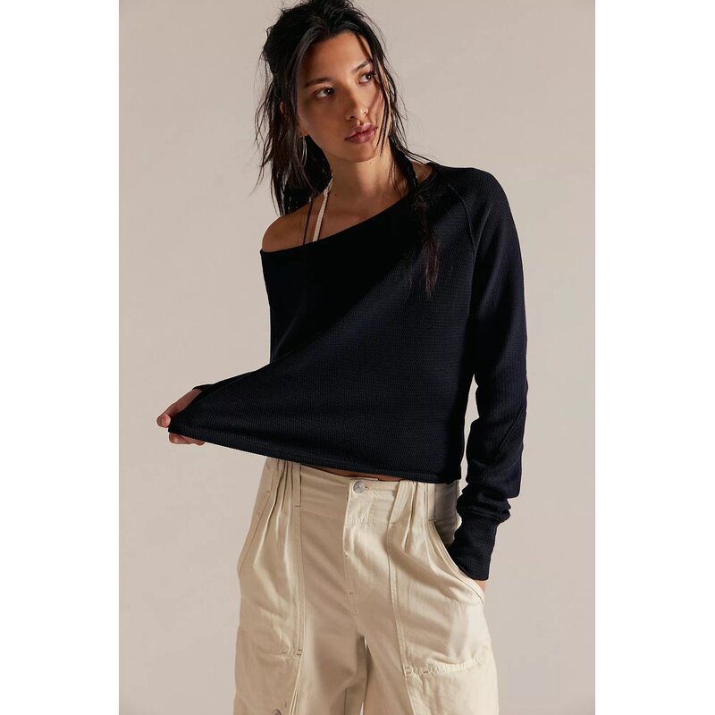 [夏季新品]Free People 一字斜肩长袖T恤针织宽松上衣REVOLVE