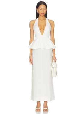 ADRIANA DEGREAS Solid Deep-V Peplum Maxi Dress 象牙白REVOLVE