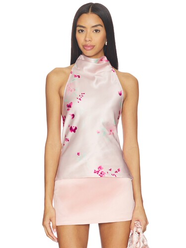 [春季新品]MAJORELLE粉花挂脖背心新中式缎面短款上装REVOLVE