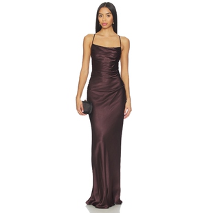 Shona Joy LA LUNE 后身蕾丝超长款连衣裙 棕色REVOLVE小众新款