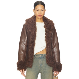 老钱风REVOLVE小众新款 棕色 皮大衣 BLANKNYC