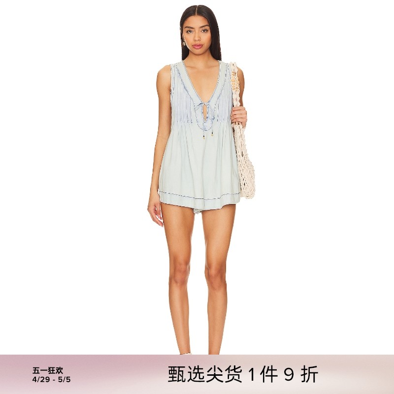 Free People 连体裤宽松V领背心上衣短裤背带裤度假风REVOL