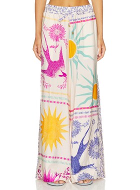 Agua Bendita米白色裤装印花抽绳度假风夏季新品休闲裤REVOLVE